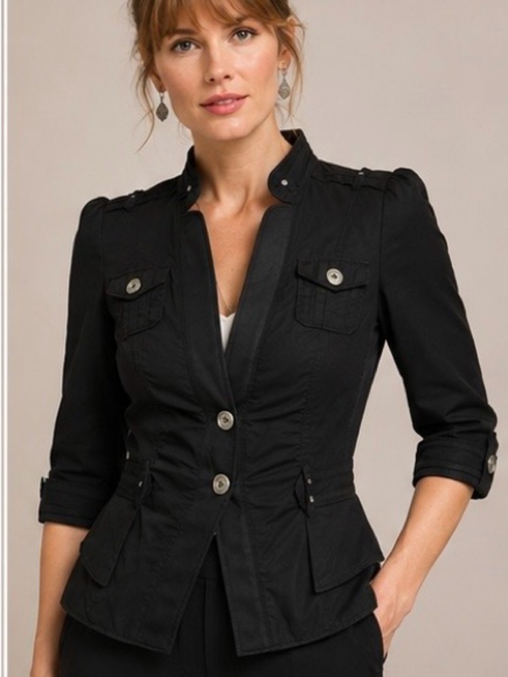 White House Black Market fitted black military utility jacket rivet bow details - Picture 2 of 10
